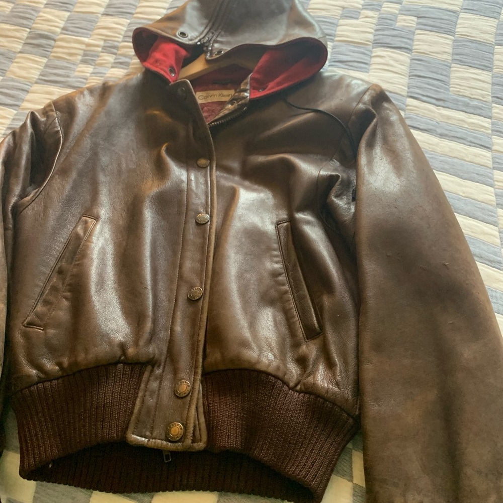 Calvin Klein melton convertible collar to hood leather BOMBER 1983